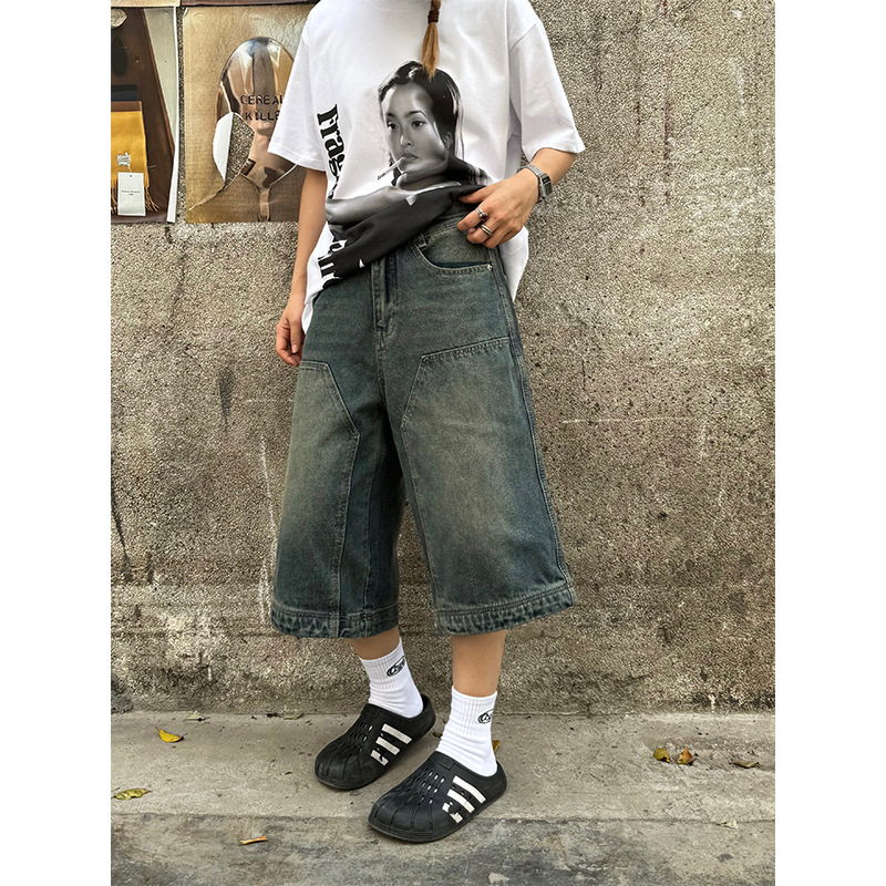 Amerikietiško stiliaus retro stiliaus skalbti džinsiniai šortai vyrams ir moterims, tiesios plačios klešnės, laisvos, laisvalaikio stiliaus, trumpos kelnės.