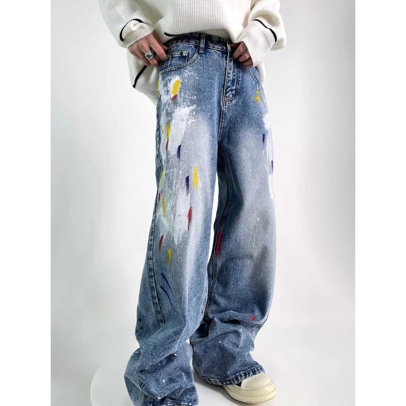 Blugi bărbați, stil american, stil casual, cu dungi, stil graffiti, largi, stil la modă, spălați, drepți, stil american, pantaloni largi cu picior