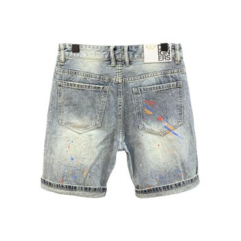 Pantaloni scurți din denim cu pisici și găuri pentru bărbați, personalizați, imprimați cu cerneală Splash Ink, vara 2023, stil coreean nou, slim-fit, la modă, de brand, Quad Pants