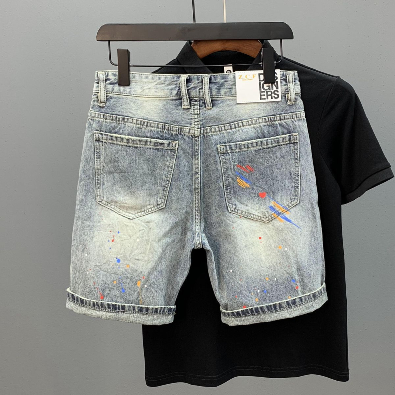 Pantaloni scurți din denim cu pisici și găuri pentru bărbați, personalizați, imprimați cu cerneală Splash Ink, vara 2023, stil coreean nou, slim-fit, la modă, de brand, Quad Pants