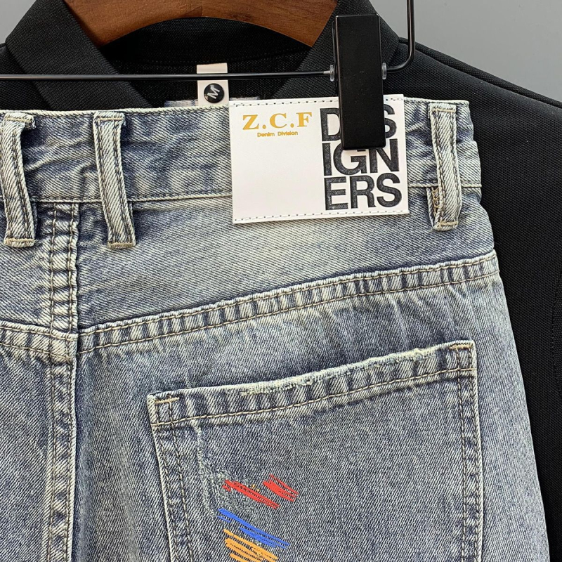 Pantaloni scurți din denim cu pisici și găuri pentru bărbați, personalizați, imprimați cu cerneală Splash Ink, vara 2023, stil coreean nou, slim-fit, la modă, de brand, Quad Pants
