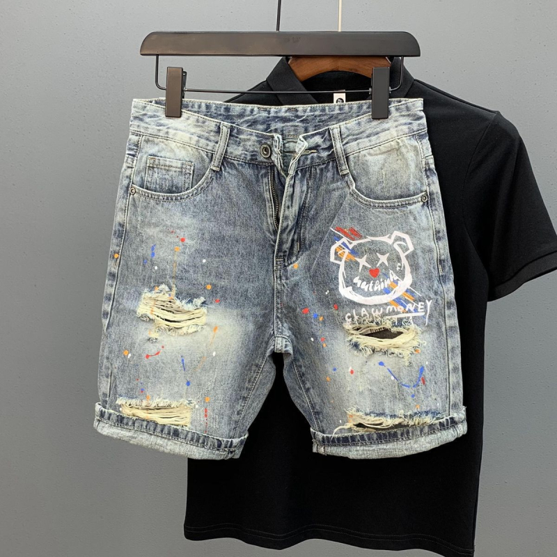 Pantaloni scurți din denim cu pisici și găuri pentru bărbați, personalizați, imprimați cu cerneală Splash Ink, vara 2023, stil coreean nou, slim-fit, la modă, de brand, Quad Pants