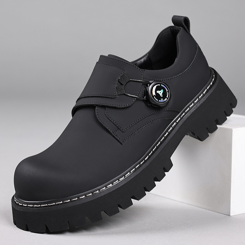 Pánske derby topánky v tmavom štýle, BOA, s otočnou prackou, kožené topánky na platforme, s okrúhlou špičkou, 08057