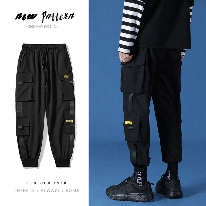Overaly, trendy zväzovanie nohavíc, funkčné háremové nohavice pre mužov, jar a jeseň, nové voľné športové ležérne nohavice s dlhým rukávom