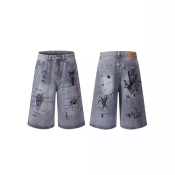 „American Street“ grafiti spaudos džinsinės vidutinio ilgio kelnės, unisex, vasarinės, laisvos, madingos, trumpos, retro stiliaus kelnės