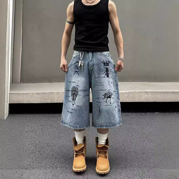„American Street“ grafiti spaudos džinsinės vidutinio ilgio kelnės, unisex, vasarinės, laisvos, madingos, trumpos, retro stiliaus kelnės