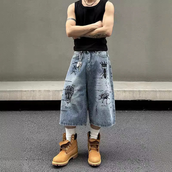„American Street“ grafiti spaudos džinsinės vidutinio ilgio kelnės, unisex, vasarinės, laisvos, madingos, trumpos, retro stiliaus kelnės