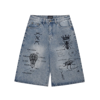 „American Street“ grafiti spaudos džinsinės vidutinio ilgio kelnės, unisex, vasarinės, laisvos, madingos, trumpos, retro stiliaus kelnės