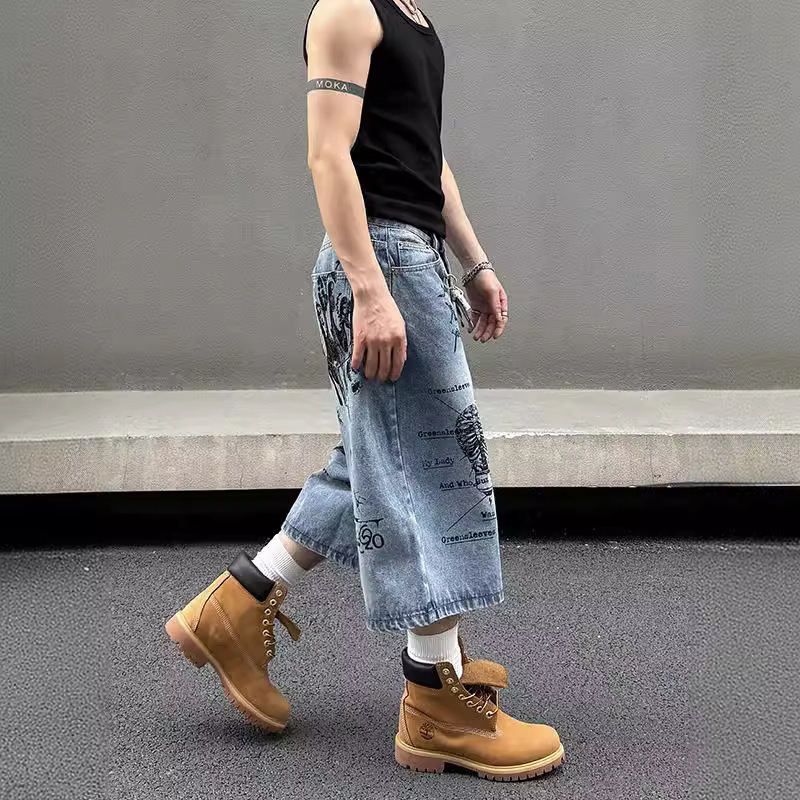 „American Street“ grafiti spaudos džinsinės vidutinio ilgio kelnės, unisex, vasarinės, laisvos, madingos, trumpos, retro stiliaus kelnės