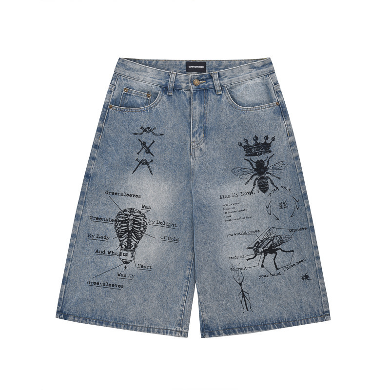 „American Street“ grafiti spaudos džinsinės vidutinio ilgio kelnės, unisex, vasarinės, laisvos, madingos, trumpos, retro stiliaus kelnės