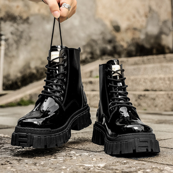 Μοντέρνα ανδρικά παπούτσια εργασίας, φθινοπωρινά, νέα ανδρικά δερμάτινα μποτάκια βρετανικού στιλ, με χοντρή σόλα, σε all-match στυλ, σε αυξημένο κορεάτικο στιλ, ανδρικά παπούτσια Martin με χοντρή σόλα.