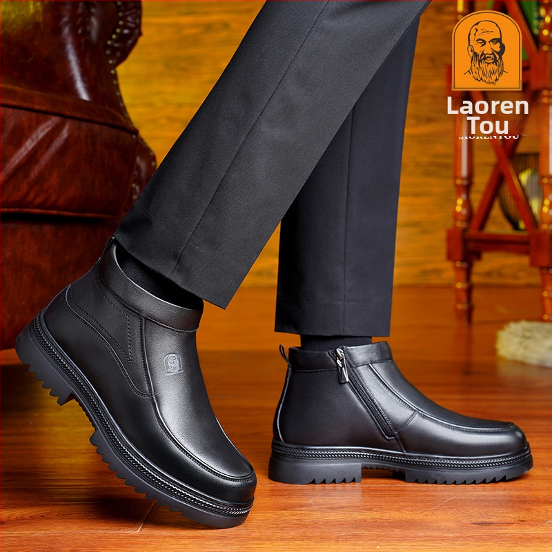 Staršie pánske topánky s bavlnenou podšívkou, teplé zimné vysoké čižmy s bavlnenou podšívkou, pánske ležérne kožené topánky pre stredný a starších ľudí, pánske vlnené topánky pre otcov.