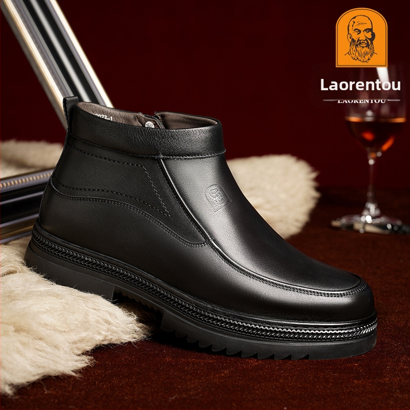 Staršie pánske topánky s bavlnenou podšívkou, teplé zimné vysoké čižmy s bavlnenou podšívkou, pánske ležérne kožené topánky pre stredný a starších ľudí, pánske vlnené topánky pre otcov.