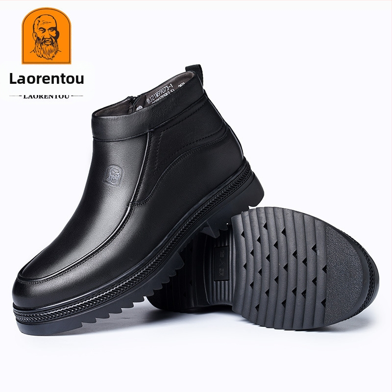 Staršie pánske topánky s bavlnenou podšívkou, teplé zimné vysoké čižmy s bavlnenou podšívkou, pánske ležérne kožené topánky pre stredný a starších ľudí, pánske vlnené topánky pre otcov.