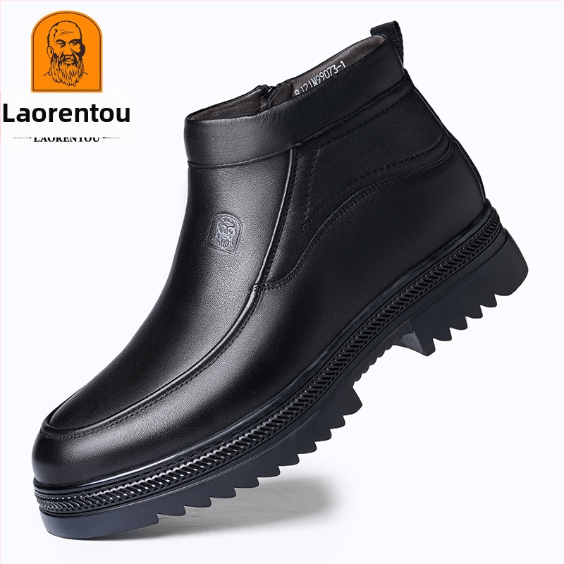 Staršie pánske topánky s bavlnenou podšívkou, teplé zimné vysoké čižmy s bavlnenou podšívkou, pánske ležérne kožené topánky pre stredný a starších ľudí, pánske vlnené topánky pre otcov.
