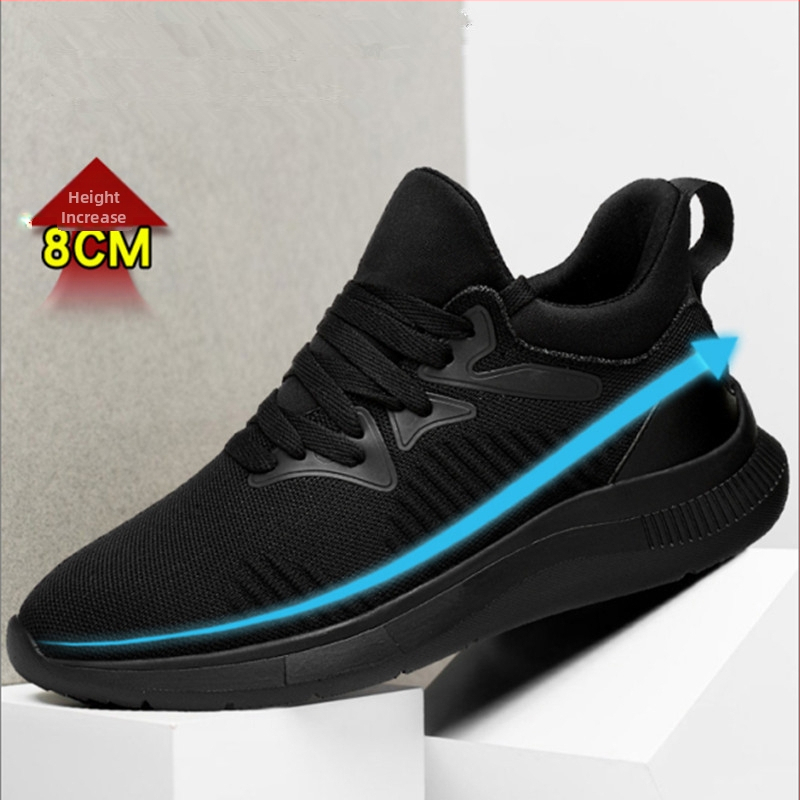 Pánske topánky na zvýšenie výšky 8 cm, čierne priedušné, ležérne, všestranné športové topánky, neviditeľné vnútorné zvýšenie výšky 6 cm, tkané, trendy topánky