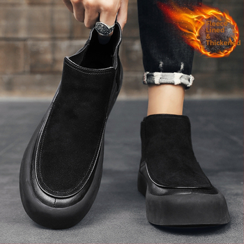 Χειμερινά slip-on παπούτσια με επένδυση φλις και βαμβάκι, ζεστές slip-on μπότες χιονιού μεσαίου ύψους, ανδρικά casual sneakers με επένδυση φλις και πλατφόρμα