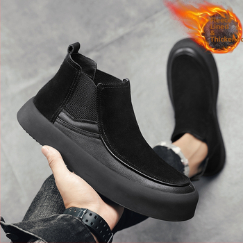 Χειμερινά slip-on παπούτσια με επένδυση φλις και βαμβάκι, ζεστές slip-on μπότες χιονιού μεσαίου ύψους, ανδρικά casual sneakers με επένδυση φλις και πλατφόρμα