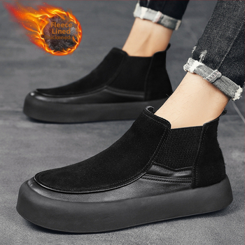 Χειμερινά slip-on παπούτσια με επένδυση φλις και βαμβάκι, ζεστές slip-on μπότες χιονιού μεσαίου ύψους, ανδρικά casual sneakers με επένδυση φλις και πλατφόρμα