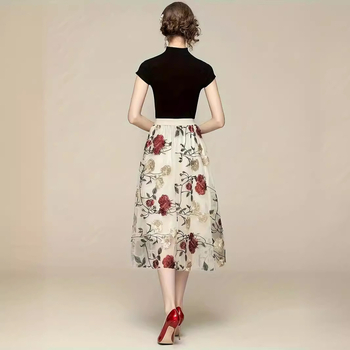 Ретро пола с висока талия, бродирана с божур, голямо цвете, размер S-5Xl, много размери, модна и сладка мрежеста пола тип фея със средна дължина