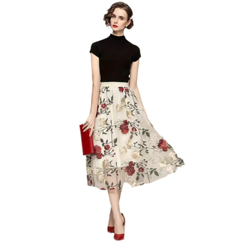 Ретро пола с висока талия, бродирана с божур, голямо цвете, размер S-5Xl, много размери, модна и сладка мрежеста пола тип фея със средна дължина