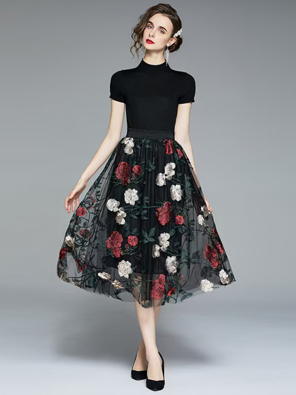 Retro kõrge vöökohaga tikitud pojengimustriga suurte lilledega S-5XL mitme suurusega moodne ja armas võrkkangast keskmise pikkusega haldjaseelik