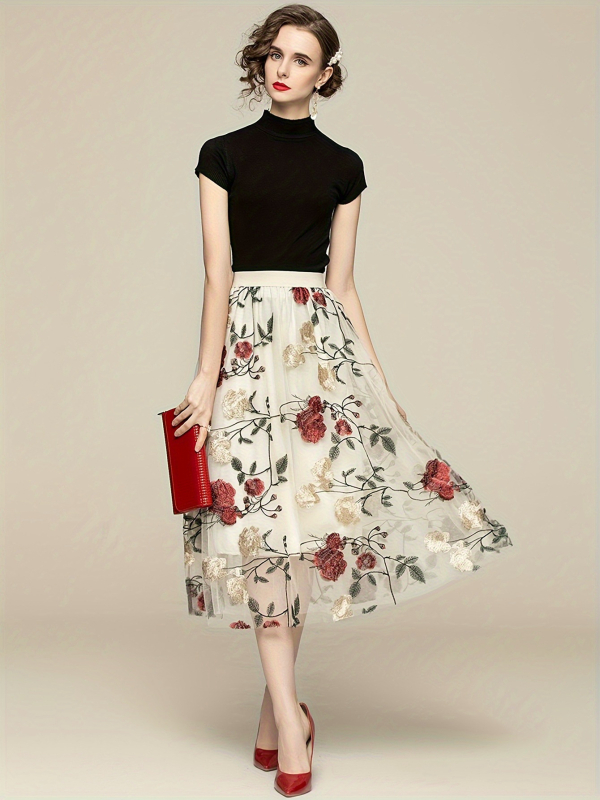 Retro kõrge vöökohaga tikitud pojengimustriga suurte lilledega S-5XL mitme suurusega moodne ja armas võrkkangast keskmise pikkusega haldjaseelik