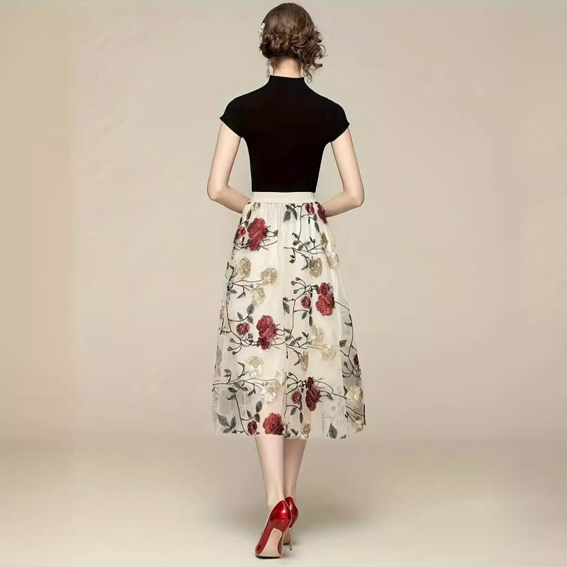 Retro kõrge vöökohaga tikitud pojengimustriga suurte lilledega S-5XL mitme suurusega moodne ja armas võrkkangast keskmise pikkusega haldjaseelik