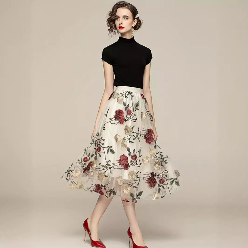 Retro kõrge vöökohaga tikitud pojengimustriga suurte lilledega S-5XL mitme suurusega moodne ja armas võrkkangast keskmise pikkusega haldjaseelik