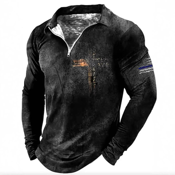 Ανδρικό μπλουζάκι POLO με vintage σταυρό και ψηφιακή εκτύπωση, all-match, μπροστά στους ώμους, χαλαρό, αναπνεύσιμο και φερμουάρ