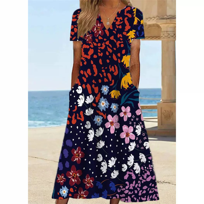 2024 Nové kreatívne šaty s kvetinovým výstrihom do V, krátkym rukávom a 3D potlačou, temperamentné elegantné šaty pre ženy
