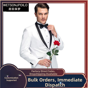 Populiarus produktas užsienyje: 2025 m. pavasario džentelmeniškas oficialus vyriškas švarkas su baltu atlasu apvaliu kaklu.