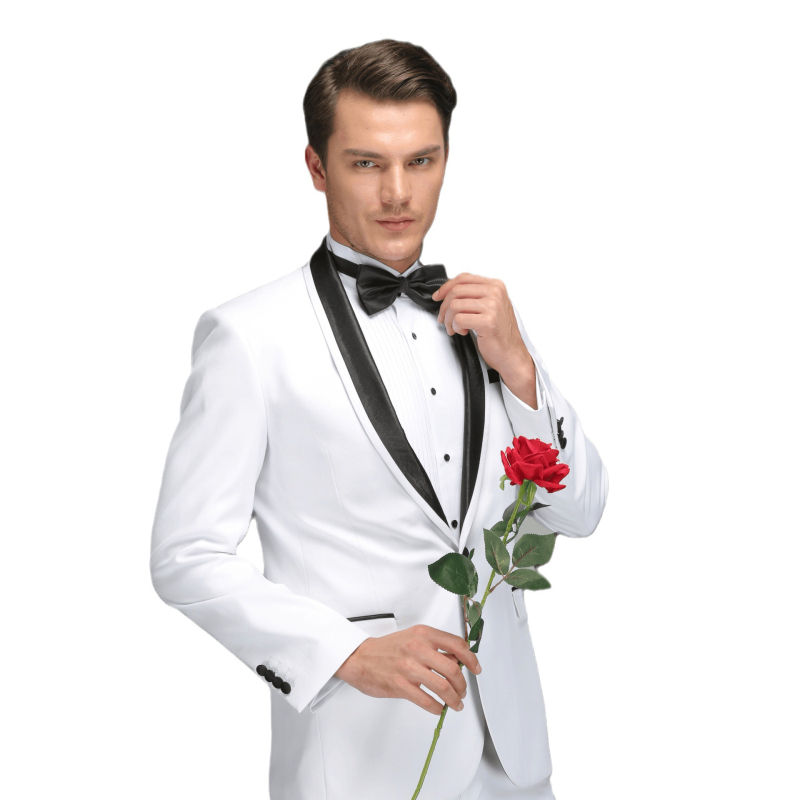 Populiarus produktas užsienyje: 2025 m. pavasario džentelmeniškas oficialus vyriškas švarkas su baltu atlasu apvaliu kaklu.