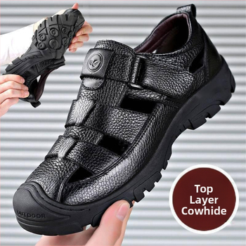 Ljetne prozračne sandale od prave kože za tate srednjih godina, ležerne sandale 2022., muške cipele od mekane kože s šupljom rupom i mekom površinom