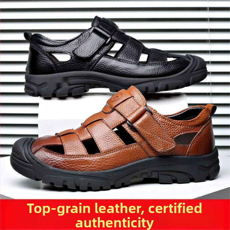 Letné priedušné sandále z pravej kože pre otcov stredného veku, ležérne sandále 2022, pánske topánky s mäkkou podrážkou a dutým otvorom z mäkkej kože
