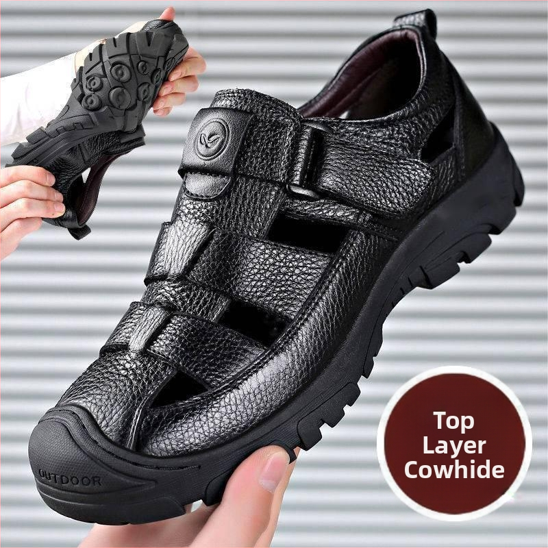 Ljetne prozračne sandale od prave kože za tate srednjih godina, ležerne sandale 2022., muške cipele od mekane kože s šupljom rupom i mekom površinom