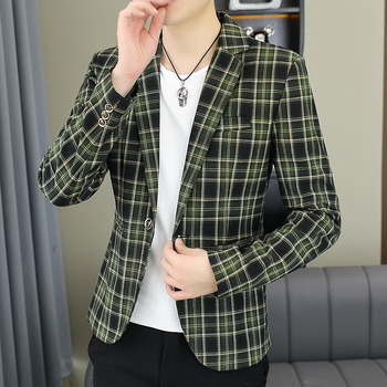 2024-es új férfi öltöny koreai stílusú karcsúsított felső, jóképű lezser kockás, egyetlen nyugati zakó, ifjúsági üzleti öltöny