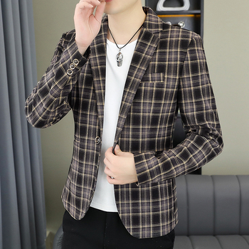 2024 Нов мъжки костюм в корейски стил, с тънък крой, красив ежедневен кариран единичен западен сако, младежки бизнес костюм