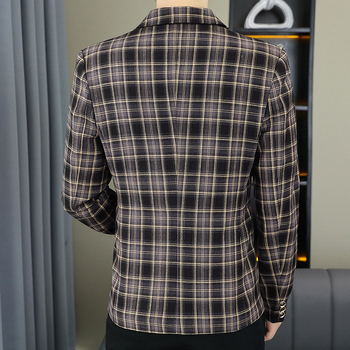 2024 Нов мъжки костюм в корейски стил, с тънък крой, красив ежедневен кариран единичен западен сако, младежки бизнес костюм