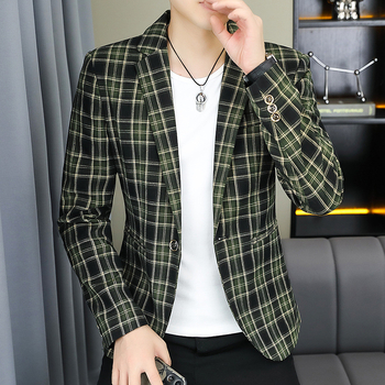2024 Нов мъжки костюм в корейски стил, с тънък крой, красив ежедневен кариран единичен западен сако, младежки бизнес костюм