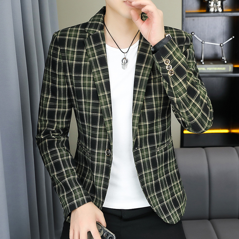 2024-es új férfi öltöny koreai stílusú karcsúsított felső, jóképű lezser kockás, egyetlen nyugati zakó, ifjúsági üzleti öltöny