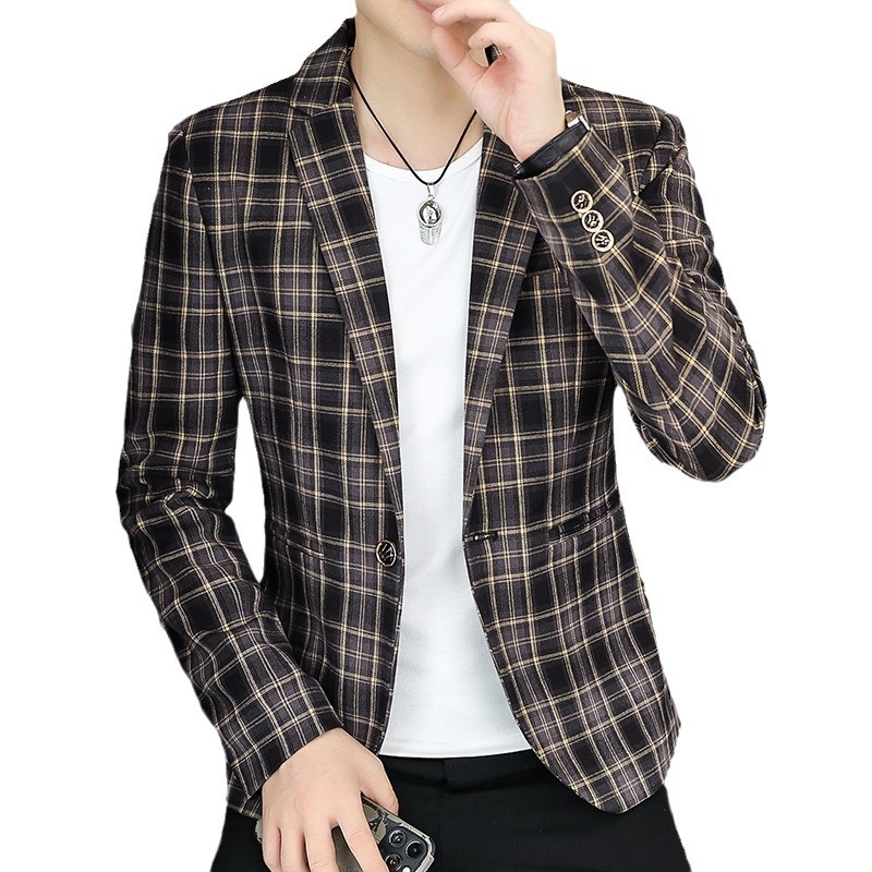 2024-es új férfi öltöny koreai stílusú karcsúsított felső, jóképű lezser kockás, egyetlen nyugati zakó, ifjúsági üzleti öltöny