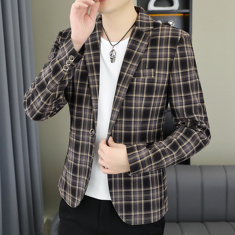 2024-es új férfi öltöny koreai stílusú karcsúsított felső, jóképű lezser kockás, egyetlen nyugati zakó, ifjúsági üzleti öltöny