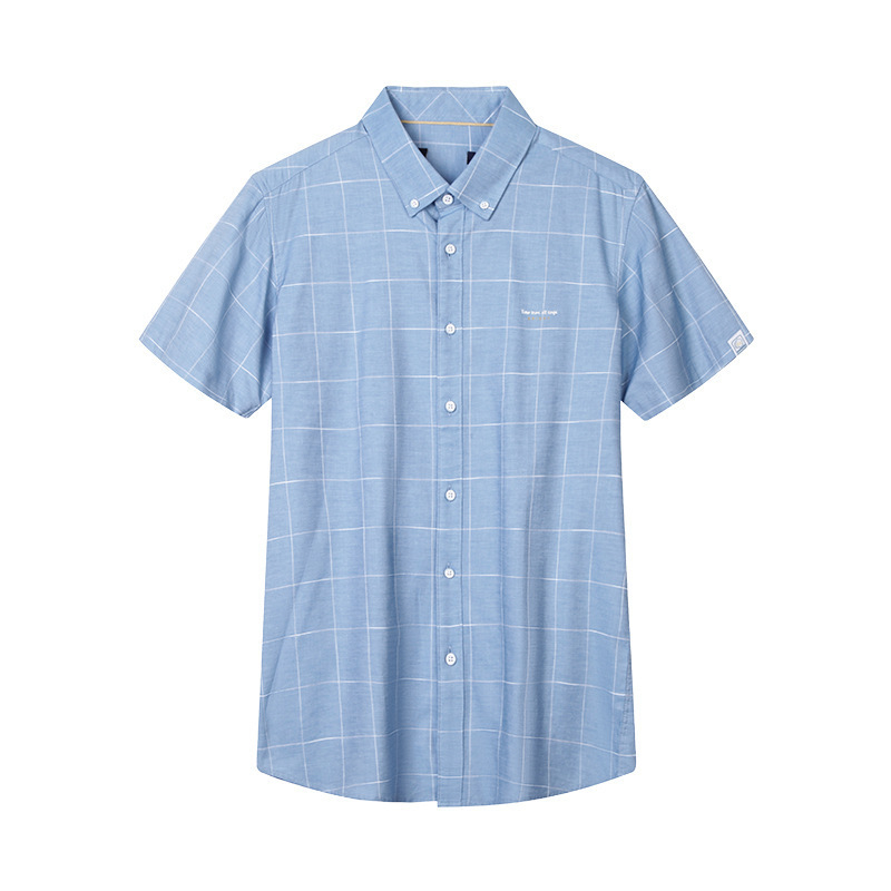 Vyriški vasariniai marškiniai trumpomis rankovėmis su firminiu kirpimu ir smailia apykakle, dalykiniai laisvalaikio stiliaus, languoti, C2U059