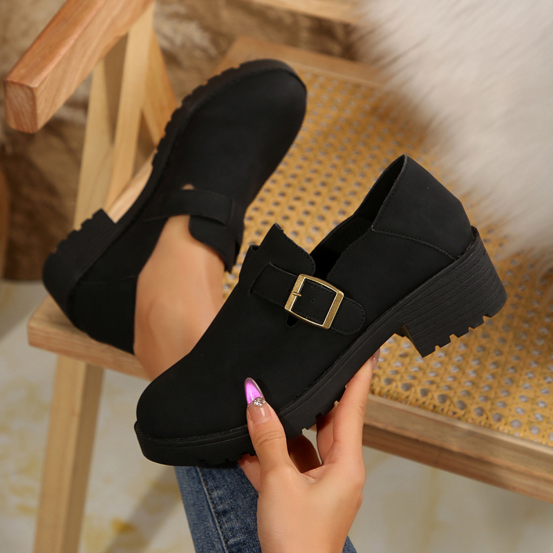 Ravne pete Lefu cipele za žene, modne crne male kožne cipele s debelim dnom i kopčom za remen, nove ženske cipele za veće veličine, 2025. proljeće i jesen