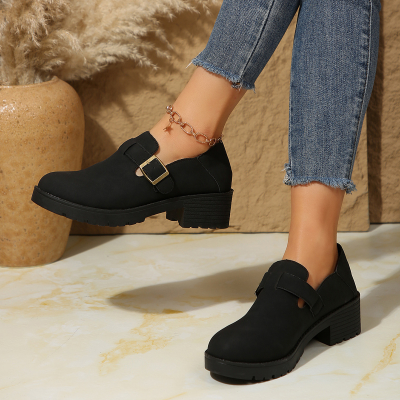 Ravne pete Lefu cipele za žene, modne crne male kožne cipele s debelim dnom i kopčom za remen, nove ženske cipele za veće veličine, 2025. proljeće i jesen