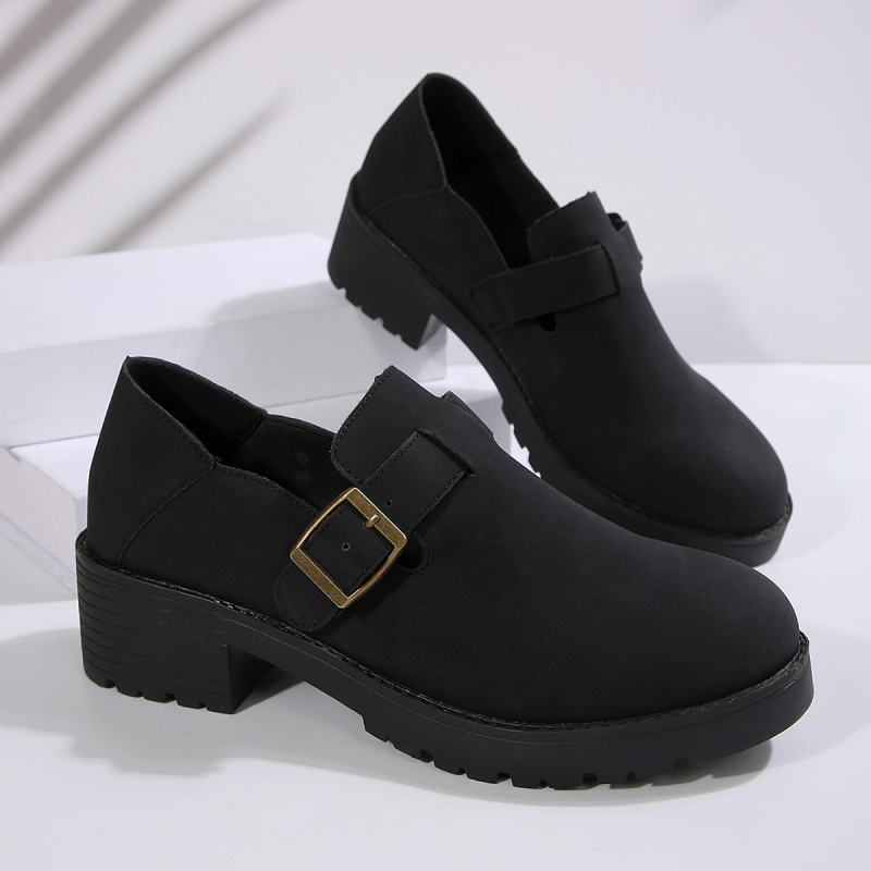 Ravne pete Lefu cipele za žene, modne crne male kožne cipele s debelim dnom i kopčom za remen, nove ženske cipele za veće veličine, 2025. proljeće i jesen