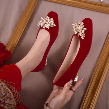 Γυναικεία νυφικά παπούτσια κόκκινα, γυναικεία, χαμηλοτάκουνα, κινέζικα, Xiuhe, διπλής όψης, για εγκύους, 2023, νέα, νύφη, μεγάλη ποσότητα, Congyou