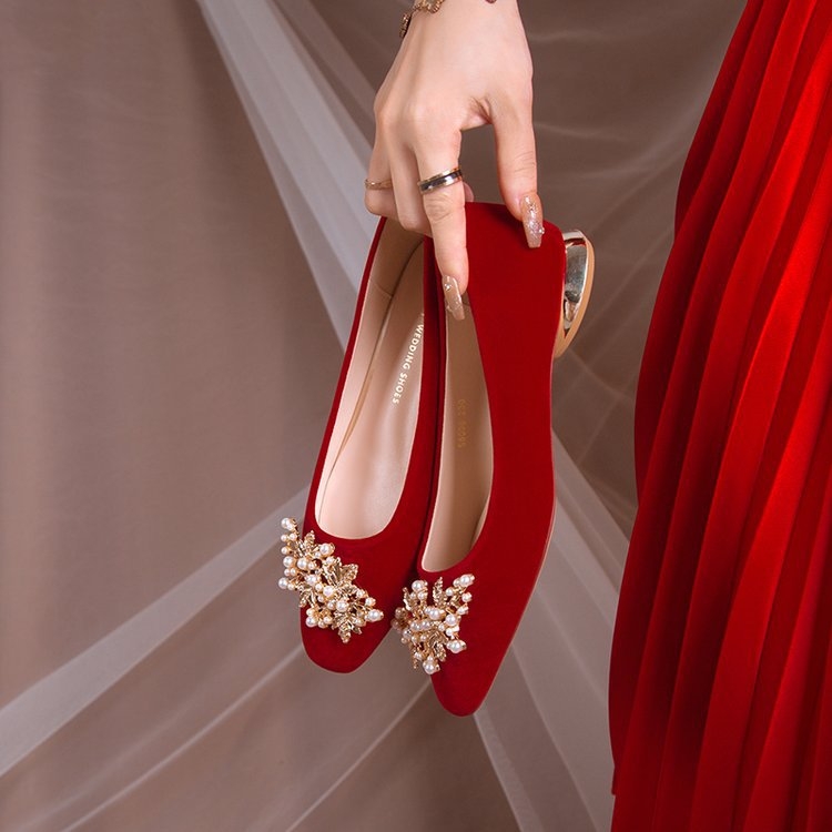 Vjenčanice, ženske crvene, niske pete, za trudnice, kineske Xiuhe, dvosmjerno nošenje, 2023., nova vjenčanica, velika količina, Congyou