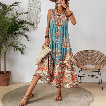 2025 Nové európske a americké cezhraničné potlačené bez rukávov s okrúhlym výstrihom, vesta, módne sviatočné potlačené šaty pre ženy